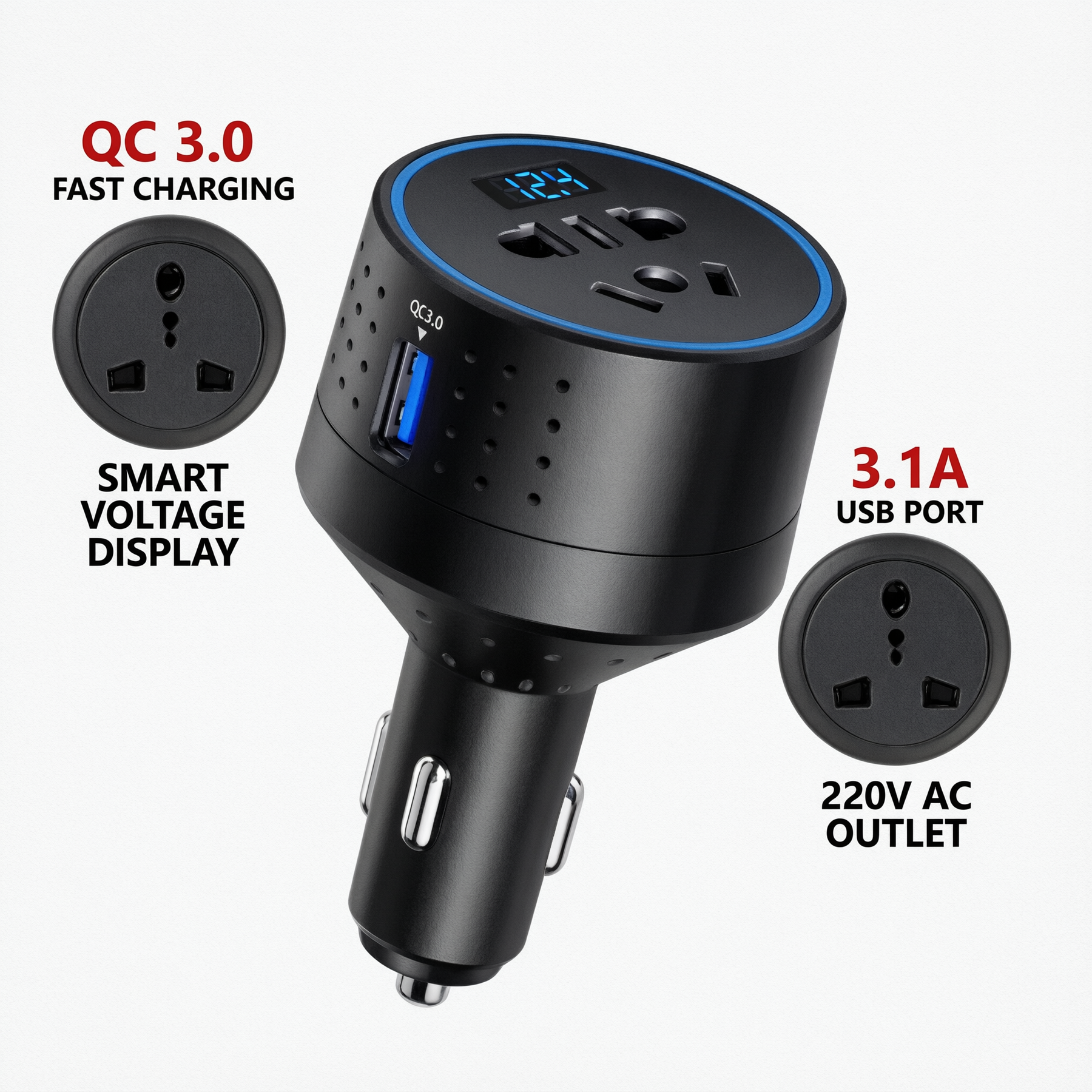 12V/24V Multi-Port Car Charger with 220V AC Outlet | SZX-W1688