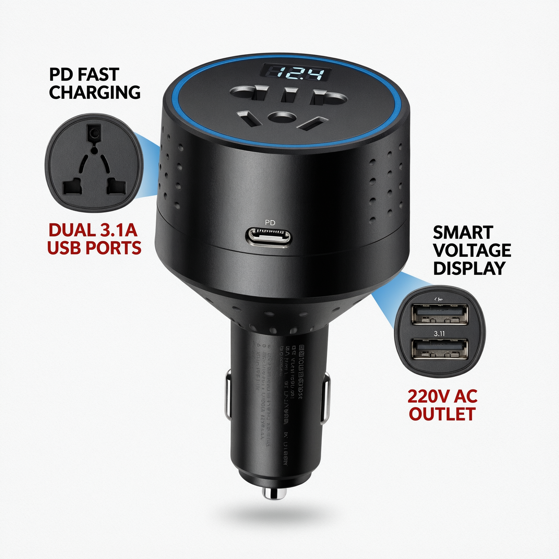 12V/24V Multi-Port Car Charger with 220V AC Outlet | SZX-W1688