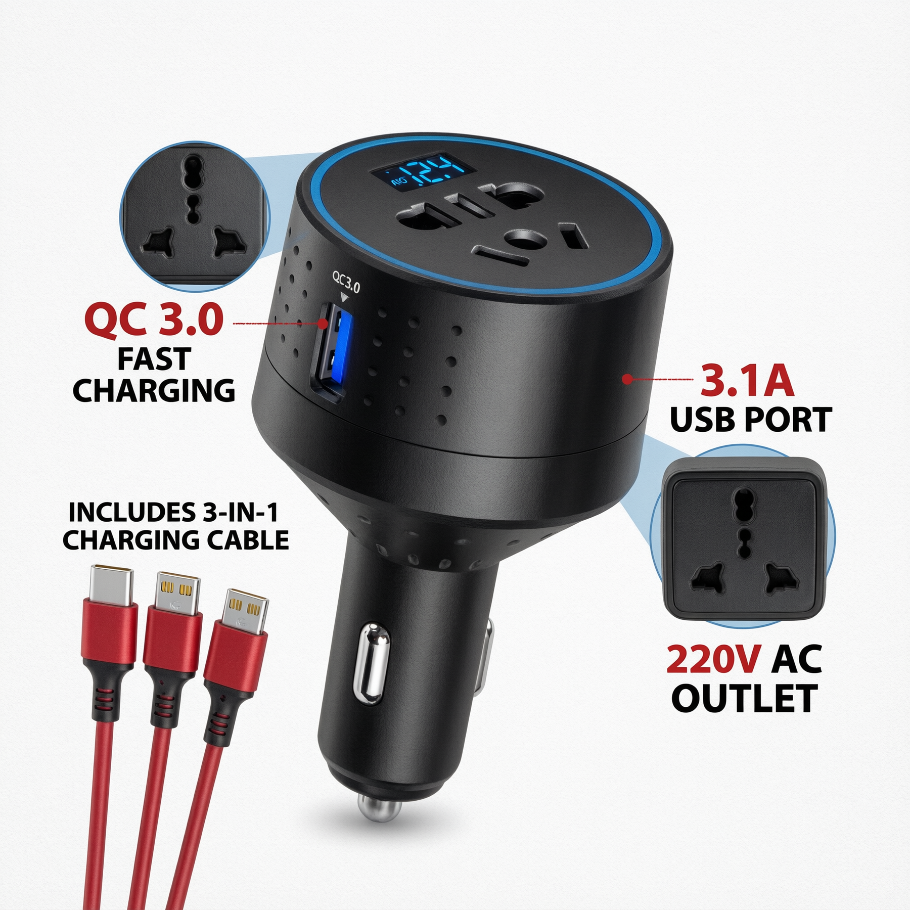 12V/24V Multi-Port Car Charger with 220V AC Outlet | SZX-W1688