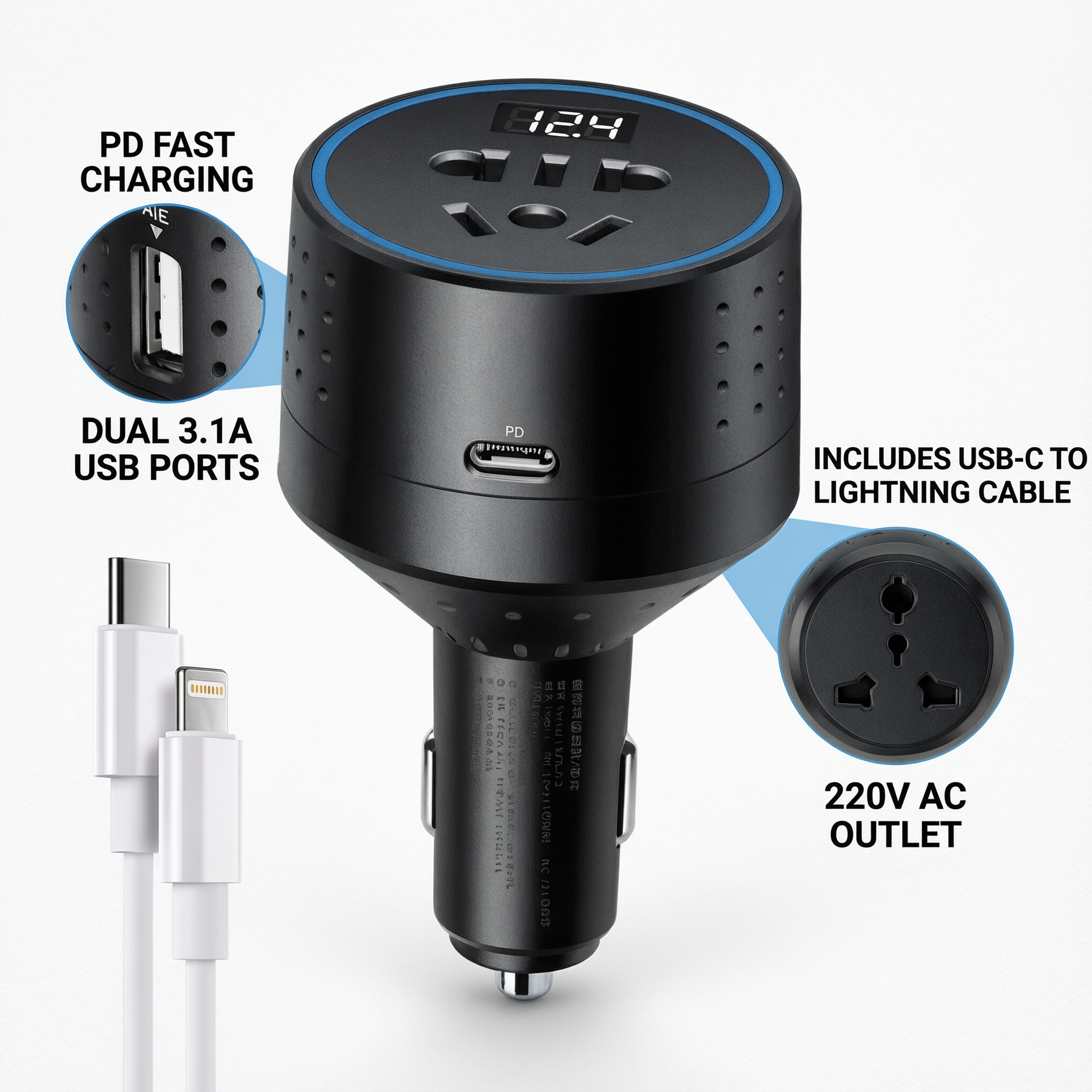 12V/24V Multi-Port Car Charger with 220V AC Outlet | SZX-W1688