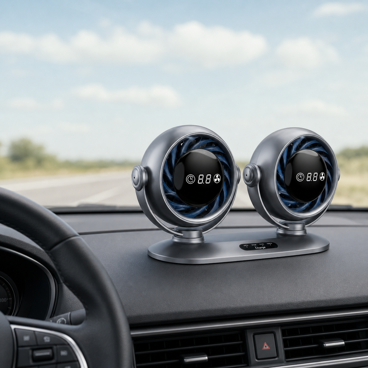 Dual-Head Car Fan with Digital Display and 6-Speed Airflow
