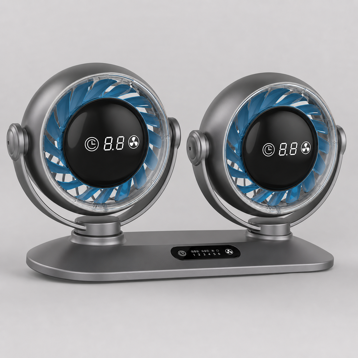 Dual-Head Car Fan with Digital Display and 6-Speed Airflow