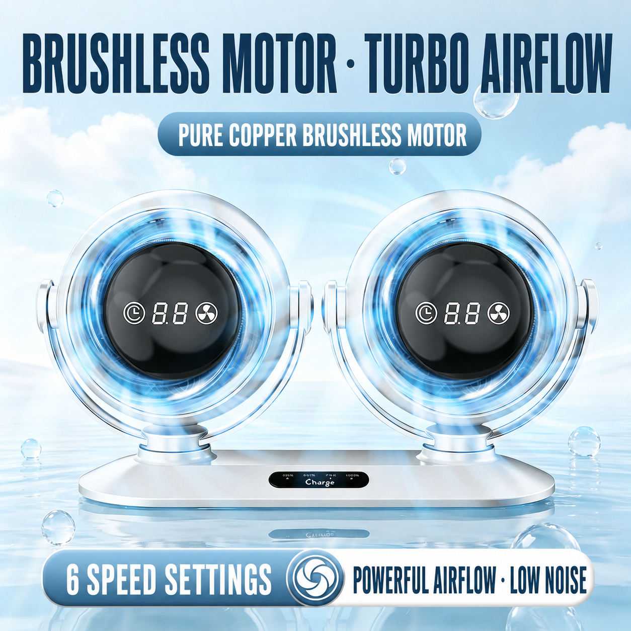 Dual-Head Car Fan with Digital Display and 6-Speed Airflow