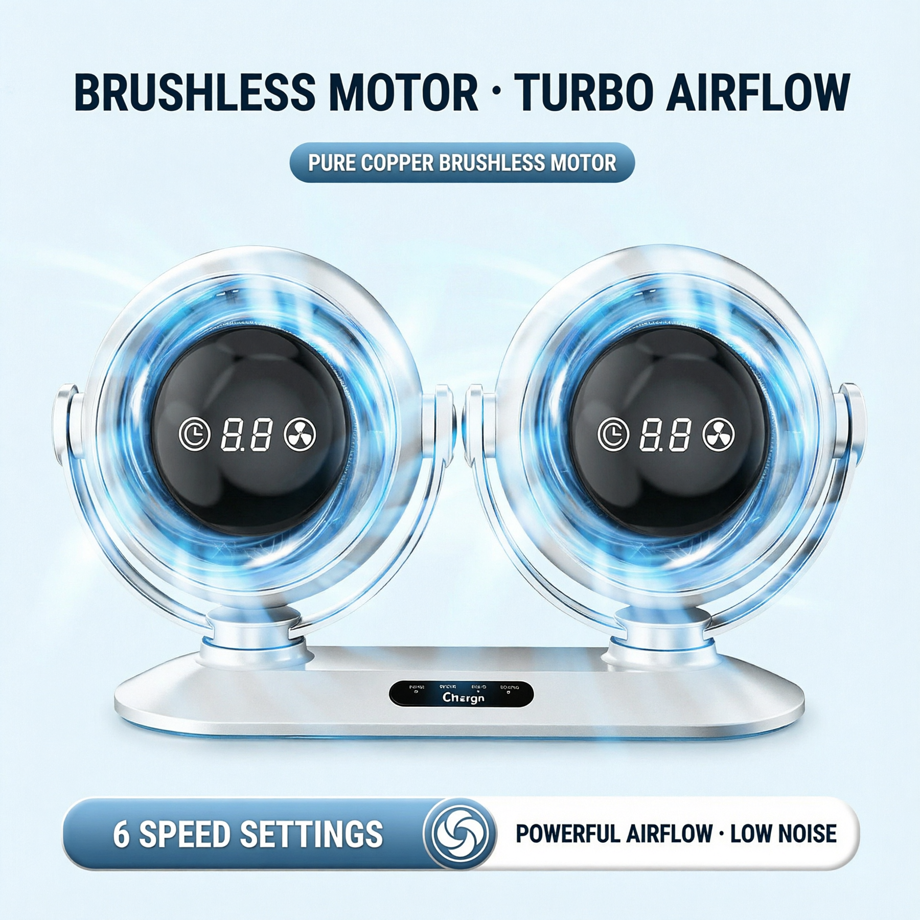 Dual-Head Car Fan with Digital Display and 6-Speed Airflow