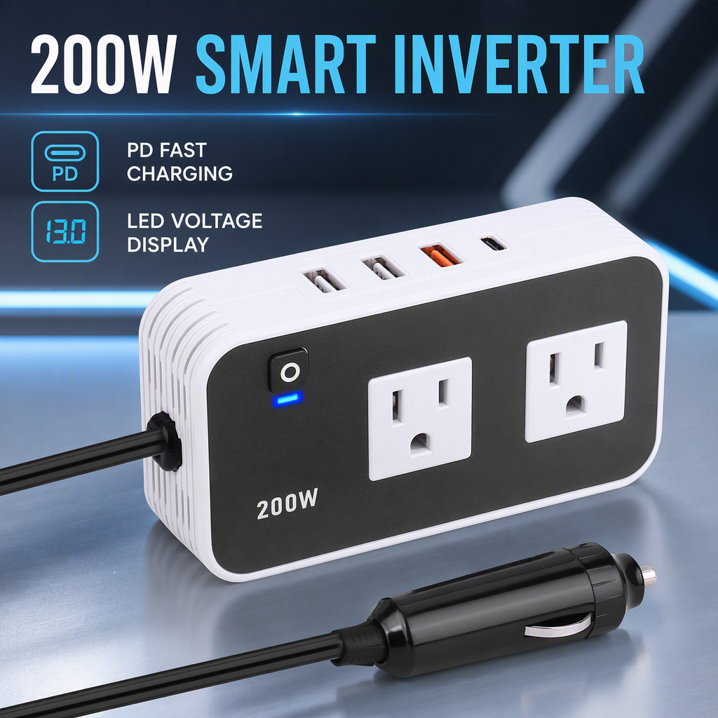 200W Smart Power Inverter PD Type-C Fast Charge 110V